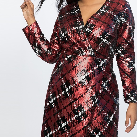 Eloquii Plaid Faux Wrap Sequin Dress - Picture 2 of 5